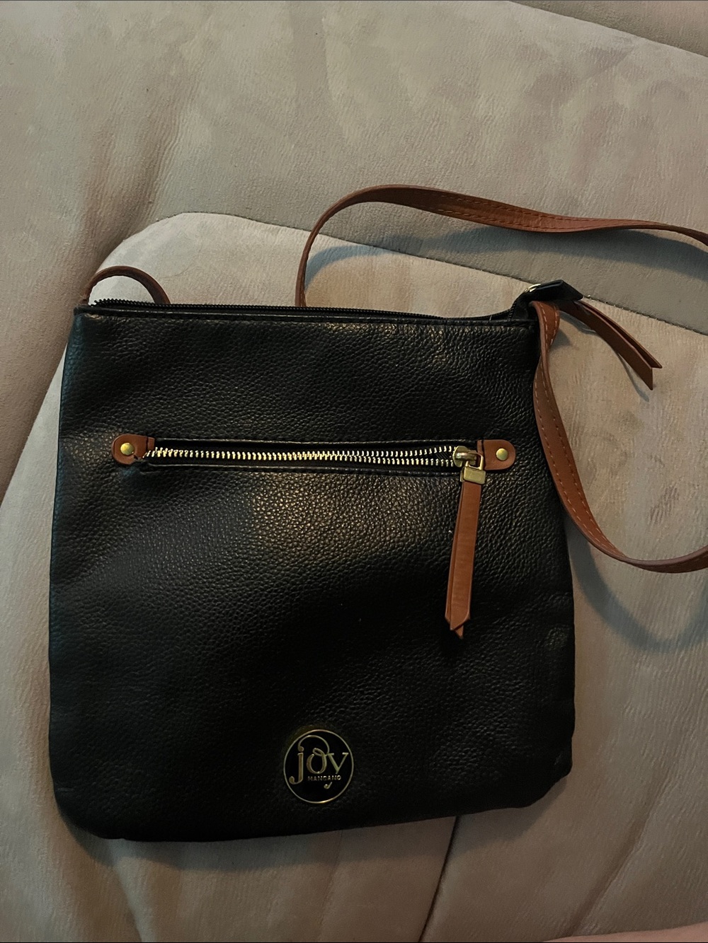 Joy Susan Black Crossbody with Brown Trim and Gold Hardware